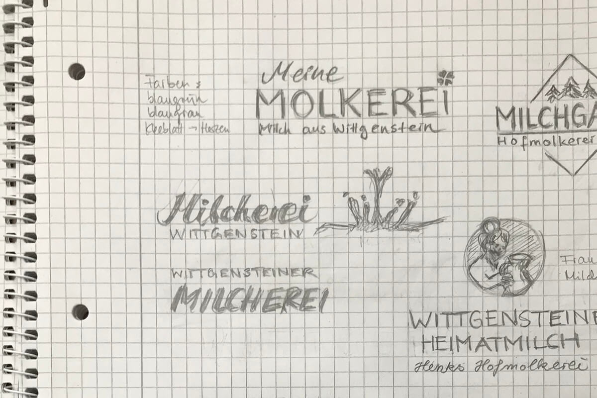 Hier ist der Ausschnitt der ersten Skizzen der Logoentwürfe für die Milcherei Henk zu sehen