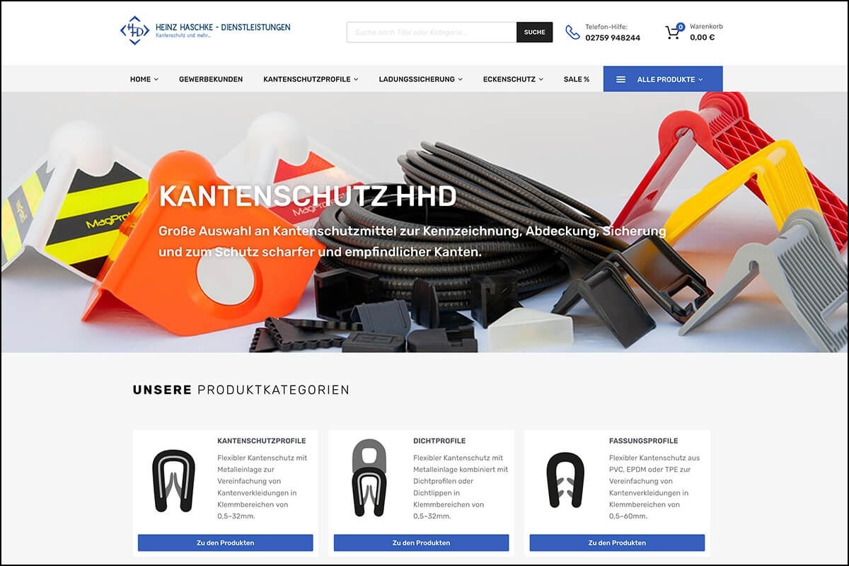 Screenshot der Startseite www.kantenschutz-hhd.de